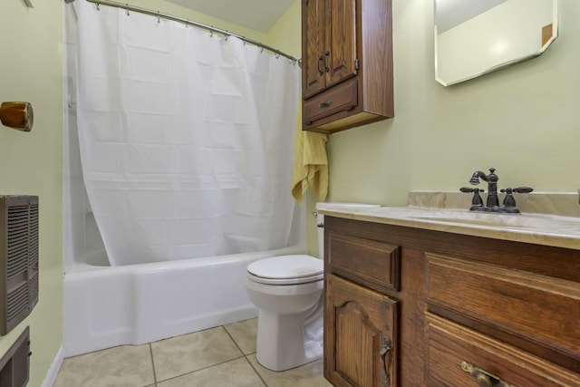 6880 Sandusky Ave, Chatfield, OH 44825 - full bath with vanity, toilet, tile patterned flooring, shower / bath combo with shower curtain, and heating unit
