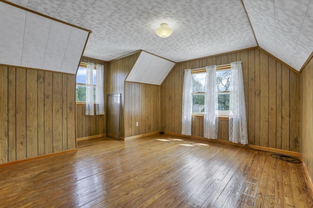 6880 Sandusky Ave, Chatfield, OH 44825 - additional living space with hardwood / wood-style floors, lofted ceiling, wooden walls, and baseboards