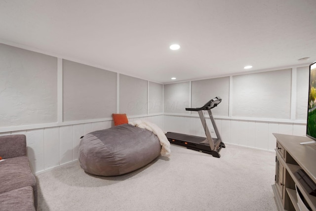 7914 Verandah Ct Unit 61, Powell, OH 43065 - exercise area featuring carpet flooring, a decorative wall, recessed lighting, and wainscoting