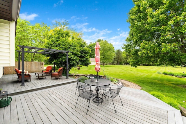 5081 Carters Corner Rd, Sunbury, OH 43074 - deck featuring a pergola, a yard, outdoor dining area, an outdoor hangout area, and view of wooded area