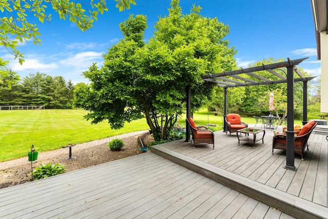 5081 Carters Corner Rd, Sunbury, OH 43074 - wooden deck with a pergola, a yard, and an outdoor living space