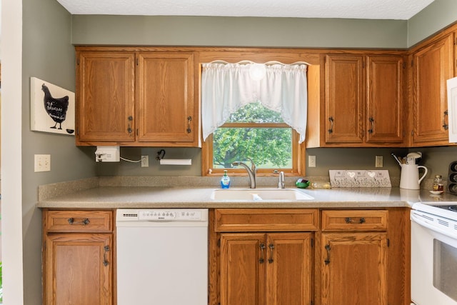 5081 Carters Corner Rd, Sunbury, OH 43074 - kitchen featuring white appliances, a sink, light countertops, and brown cabinets