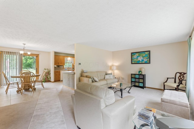 5081 Carters Corner Rd, Sunbury, OH 43074 - living room with light carpet, baseboards, a chandelier, and a textured ceiling