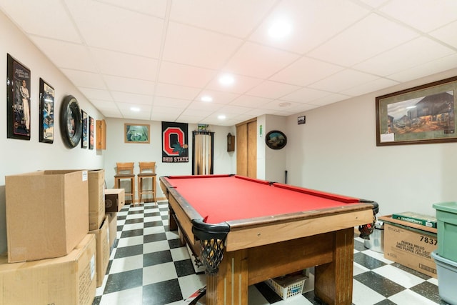 5081 Carters Corner Rd, Sunbury, OH 43074 - rec room with tile patterned floors, billiards table, a paneled ceiling, and recessed lighting