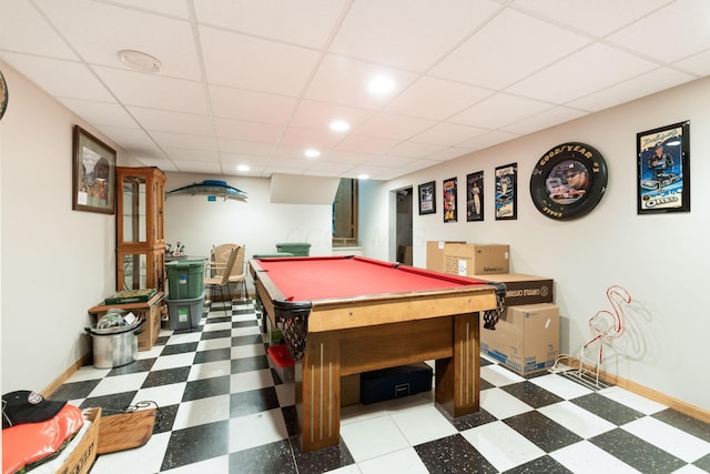 5081 Carters Corner Rd, Sunbury, OH 43074 - game room featuring tile patterned floors, baseboards, pool table, a paneled ceiling, and recessed lighting