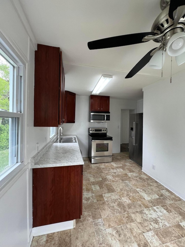101 N James Rd, Columbus, OH 43213 - kitchen featuring appliances with stainless steel finishes, a sink, ceiling fan, and healthy amount of natural light