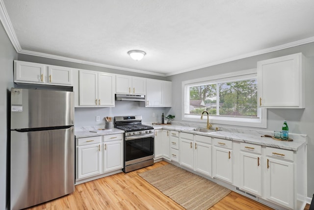 3783 Laguna Dr, Columbus, OH 43232 - kitchen featuring appliances with stainless steel finishes, under cabinet range hood, a sink, white cabinetry, and light wood-type flooring