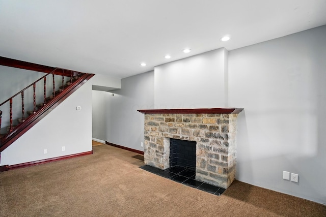 760-762 Kelton Ave, Columbus, OH 43205 - unfurnished living room featuring carpet floors, stairway, a fireplace with flush hearth, recessed lighting, and baseboards