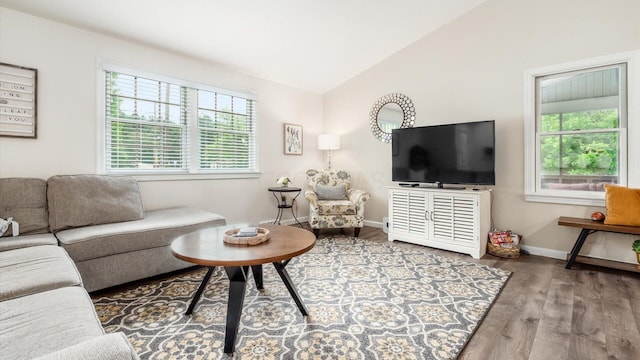2145 Welsh Hills Rd NE, Granville, OH 43023 - living room featuring plenty of natural light, wood finished floors, vaulted ceiling, and baseboards