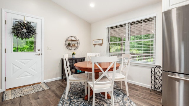 2145 Welsh Hills Rd NE, Granville, OH 43023 - dining space with lofted ceiling, dark wood-style flooring, baseboards, and recessed lighting