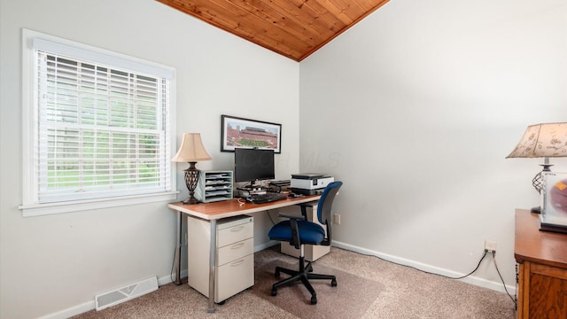 2145 Welsh Hills Rd NE, Granville, OH 43023 - office area with light colored carpet, wood ceiling, vaulted ceiling, and baseboards