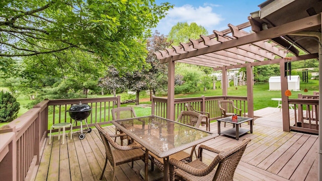 2145 Welsh Hills Rd NE, Granville, OH 43023 - deck with outdoor dining space, a yard, a pergola, and a grill