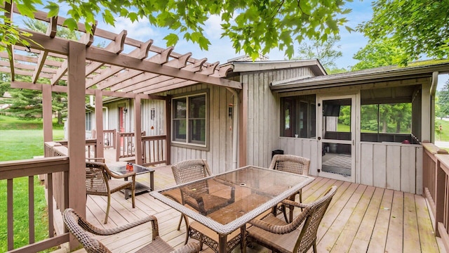 2145 Welsh Hills Rd NE, Granville, OH 43023 - deck with a pergola, a sunroom, outdoor dining space, and a yard
