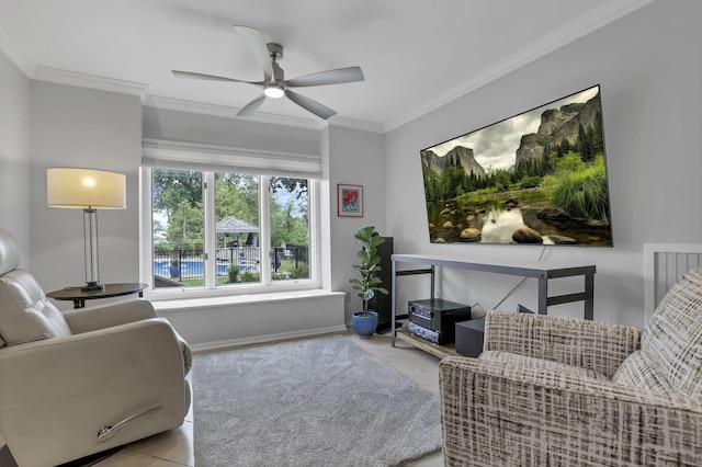 4945 Walnut Rd Unit 6, Buckeye Lake, OH 43008 - living room featuring a ceiling fan, crown molding, and baseboards