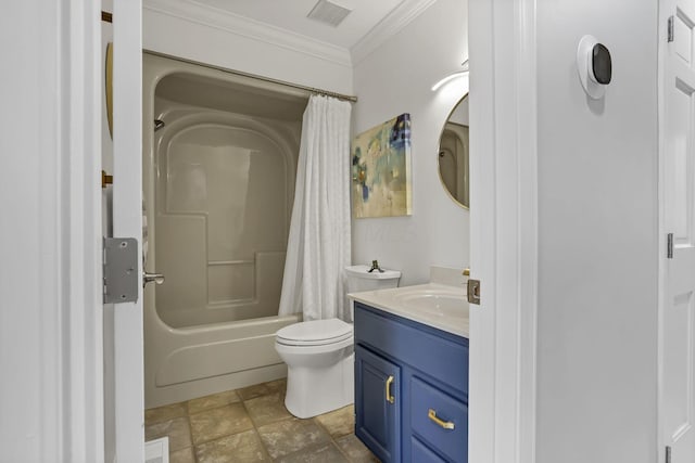 4945 Walnut Rd Unit 6, Buckeye Lake, OH 43008 - bathroom with vanity, ornamental molding, shower / bath combo, toilet, and stone finish flooring