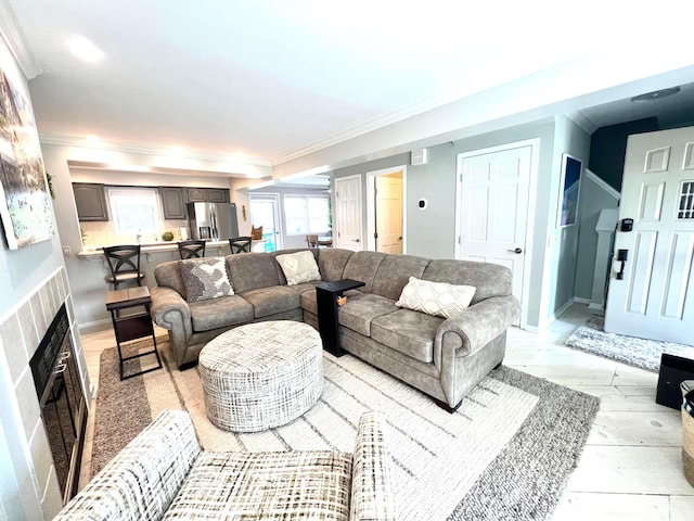 4945 Walnut Rd Unit 6, Buckeye Lake, OH 43008 - living area with ornamental molding, a fireplace, and light wood finished floors