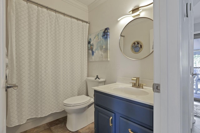 4945 Walnut Rd Unit 6, Buckeye Lake, OH 43008 - bathroom featuring ornamental molding, vanity, toilet, curtained shower, and stone finish floors