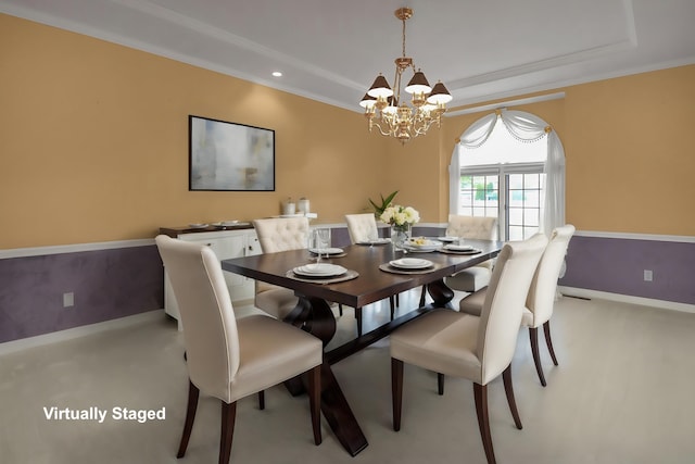 736 Eton St, Marion, OH 43302 - dining area featuring a chandelier, baseboards, ornamental molding, a raised ceiling, and recessed lighting