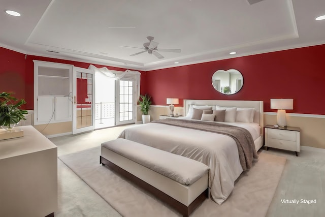 736 Eton St, Marion, OH 43302 - bedroom with a tray ceiling, baseboards, access to outside, light carpet, and recessed lighting