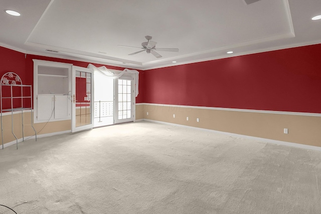 736 Eton St, Marion, OH 43302 - carpeted spare room with a raised ceiling, ceiling fan, baseboards, recessed lighting, and ornamental molding