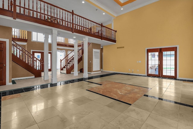 736 Eton St, Marion, OH 43302 - building lobby with ornamental molding, a high ceiling, stairs, and recessed lighting