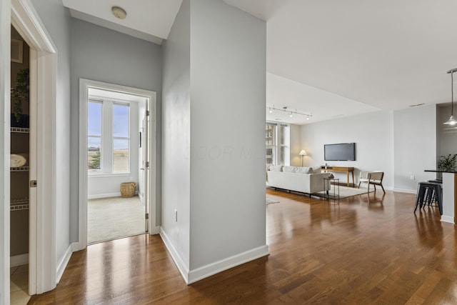 145 N High St Unit 300, Columbus, OH 43215 - hallway with rail lighting, wood finished floors, and baseboards