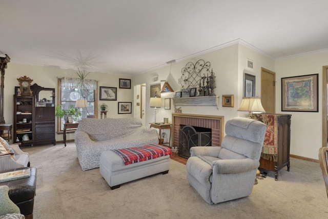 1470 Berkshire Rd, Columbus, OH 43221 - carpeted living room with crown molding, a brick fireplace, and baseboards
