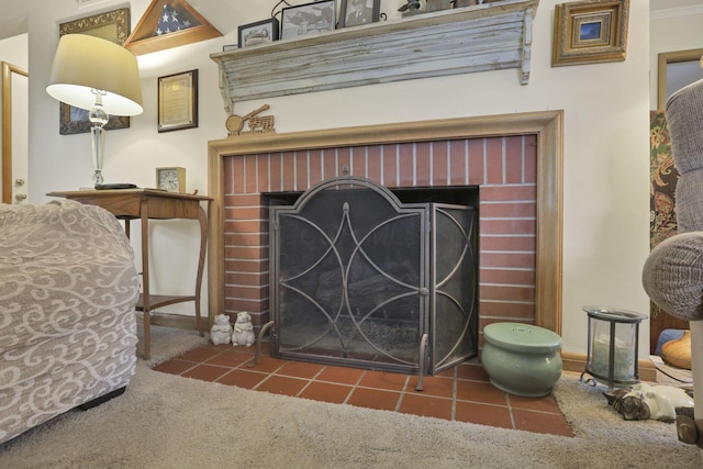 1470 Berkshire Rd, Columbus, OH 43221 - detailed view of a brick fireplace, carpet flooring, and baseboards