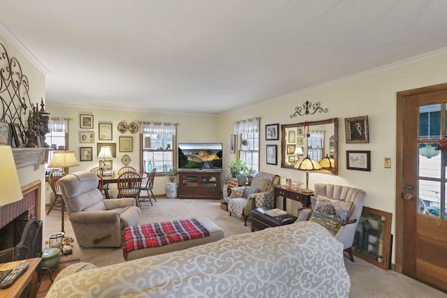 1470 Berkshire Rd, Columbus, OH 43221 - living area featuring carpet floors, crown molding, and a fireplace