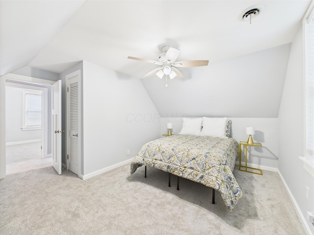 715 N Broad St, Lancaster, OH 43130 - bedroom featuring vaulted ceiling, carpet flooring, baseboards, and a ceiling fan