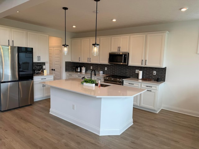 2497 Nelson Ln, Delaware, OH 43015 - kitchen featuring stainless steel appliances, wood finished floors, white cabinetry, decorative backsplash, and recessed lighting