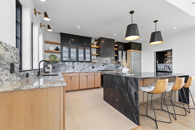 3318 S County Line Rd, Johnstown, OH 43031 - kitchen featuring open shelves, island exhaust hood, a sink, stainless steel appliances, and backsplash