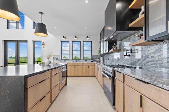 3318 S County Line Rd, Johnstown, OH 43031 - kitchen with stainless steel appliances, wall chimney exhaust hood, light brown cabinetry, open shelves, and backsplash