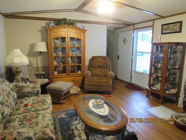 235 Parklawn Dr, Circleville, OH 43113 - living room featuring wood finished floors, vaulted ceiling, and ceiling fan