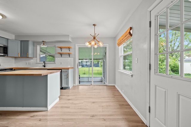 1296 Bryson Rd, Columbus, OH 43224 - kitchen featuring wooden counters, stainless steel microwave, a chandelier, gray cabinetry, and tasteful backsplash