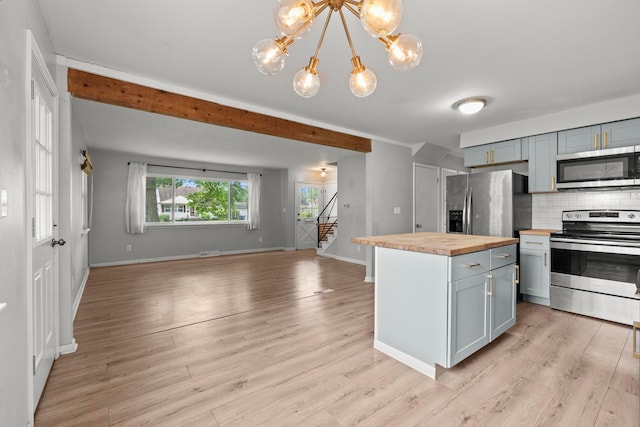 1296 Bryson Rd, Columbus, OH 43224 - kitchen featuring stainless steel appliances, butcher block countertops, open floor plan, tasteful backsplash, and light wood-type flooring