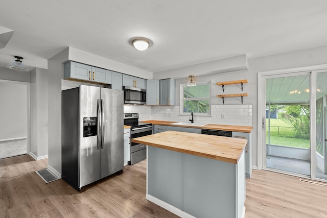 1296 Bryson Rd, Columbus, OH 43224 - kitchen featuring wooden counters, stainless steel appliances, gray cabinets, a sink, and backsplash