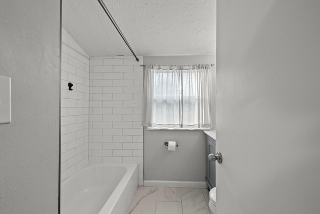 1296 Bryson Rd, Columbus, OH 43224 - bathroom with vanity, marble finish flooring, toilet, shower / tub combination, and a textured ceiling