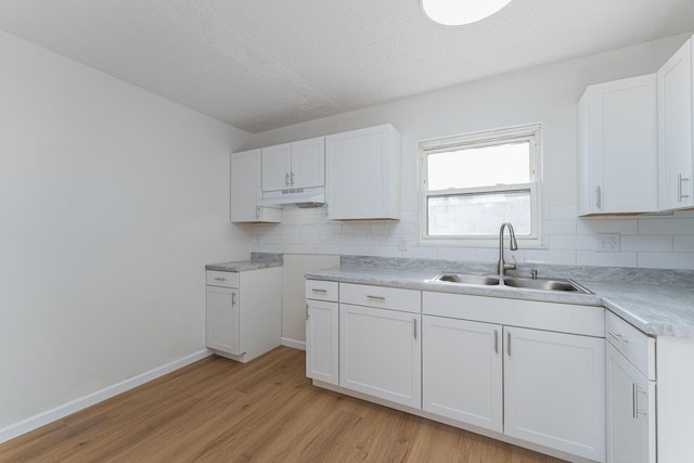 1747 E 25th Ave, Columbus, OH 43219 - kitchen featuring a sink, decorative backsplash, light wood-style flooring, under cabinet range hood, and white cabinetry