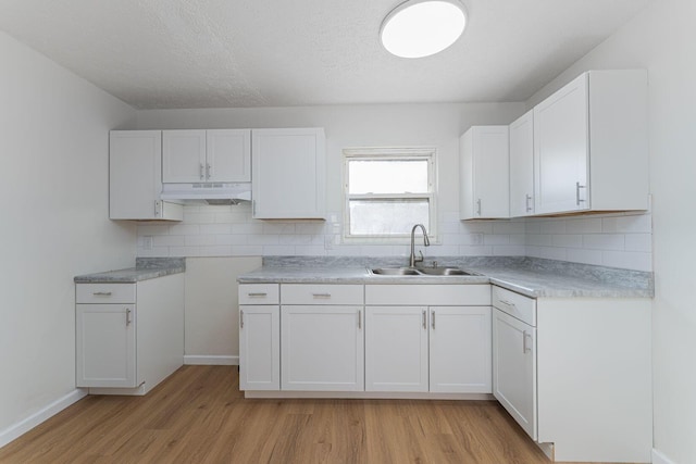 1747 E 25th Ave, Columbus, OH 43219 - kitchen with a sink, under cabinet range hood, light wood finished floors, decorative backsplash, and a textured ceiling