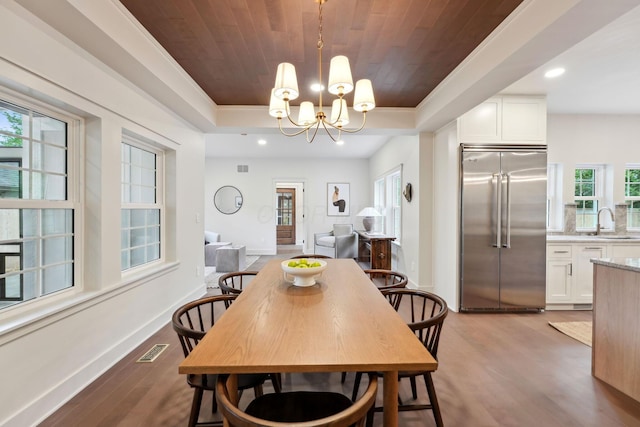 1884 W Lane Ave, Columbus, OH 43221 - dining area featuring wood ceiling, light wood-style flooring, a raised ceiling, a chandelier, and recessed lighting