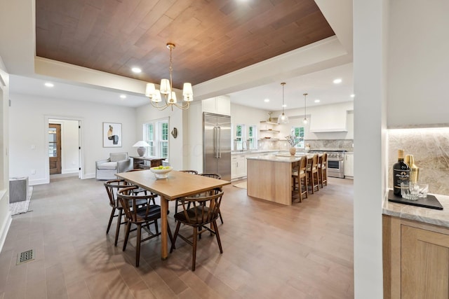 1884 W Lane Ave, Columbus, OH 43221 - dining area with wooden ceiling, recessed lighting, a chandelier, light wood-style flooring, and a raised ceiling