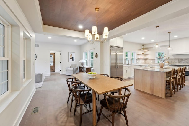 1884 W Lane Ave, Columbus, OH 43221 - dining area featuring wood ceiling, light wood-style floors, a chandelier, recessed lighting, and baseboards