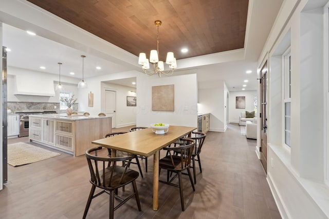 1884 W Lane Ave, Columbus, OH 43221 - dining room featuring wooden ceiling, a chandelier, recessed lighting, wood finished floors, and a tray ceiling