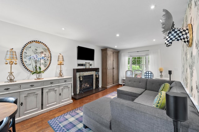 4088 Sweet Shadow Ave, Columbus, OH 43230 - living area with a stone fireplace, wood finished floors, and recessed lighting