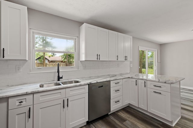 4778 Hafey Ave, Columbus, OH 43228 - kitchen featuring stainless steel dishwasher, a peninsula, dark wood finished floors, and white cabinetry