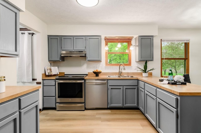 1672 Flat Rock Ct, Columbus, OH 43235 - kitchen with stainless steel appliances, a sink, gray cabinets, and a textured ceiling
