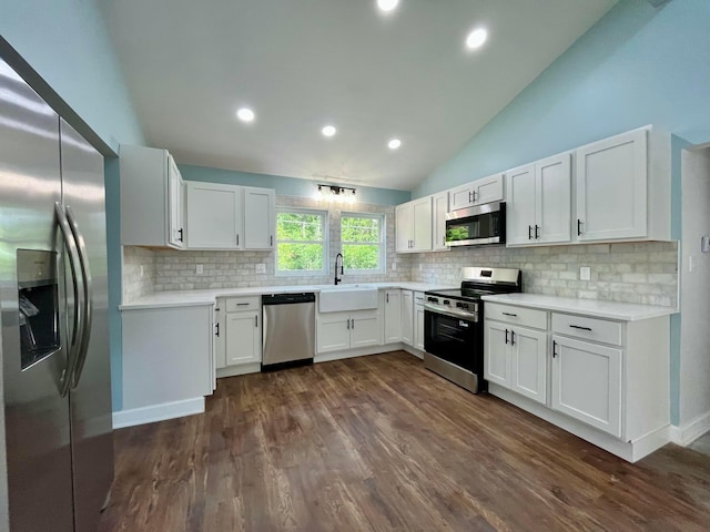13404 Maple Rd NE, Thornville, OH 43076 - kitchen with stainless steel appliances, a sink, vaulted ceiling, decorative backsplash, and dark wood-style flooring