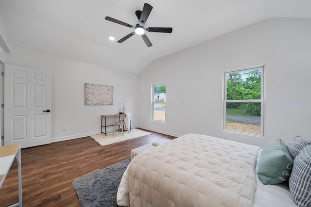 13404 Maple Rd NE, Thornville, OH 43076 - bedroom featuring lofted ceiling, dark wood finished floors, baseboards, and a ceiling fan