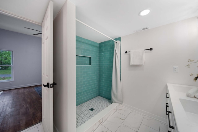 13404 Maple Rd NE, Thornville, OH 43076 - bathroom with a shower stall, baseboards, vanity, and recessed lighting